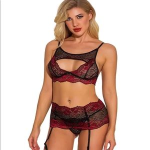 high neck floral lace cutout front garter lingerie set